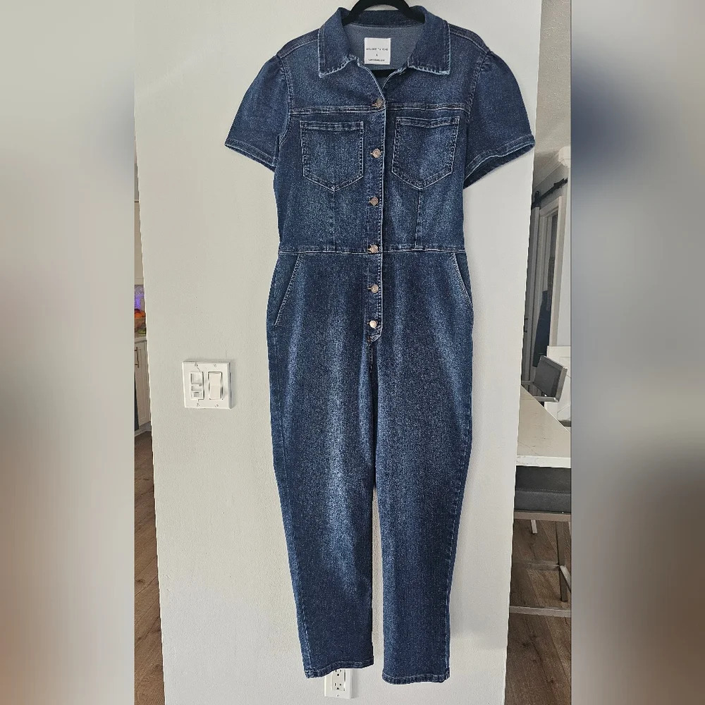 👖 Celebrity Pink Denim Jumpsuit – Straight Leg, Short Sleeve | Size L - Picture 2 of 6